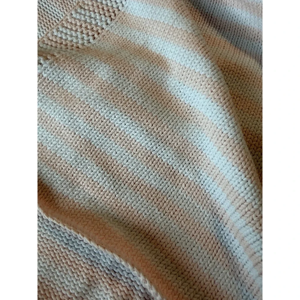 Pottery Barn Kids Cotton Knit Baby Blanket Pink White Striped Pom Pom 30x40 EUC